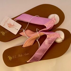 NWT US Polo Assn. Women's 8 Sandals. Pink Padded Straps, Cushioned Tan Footbed